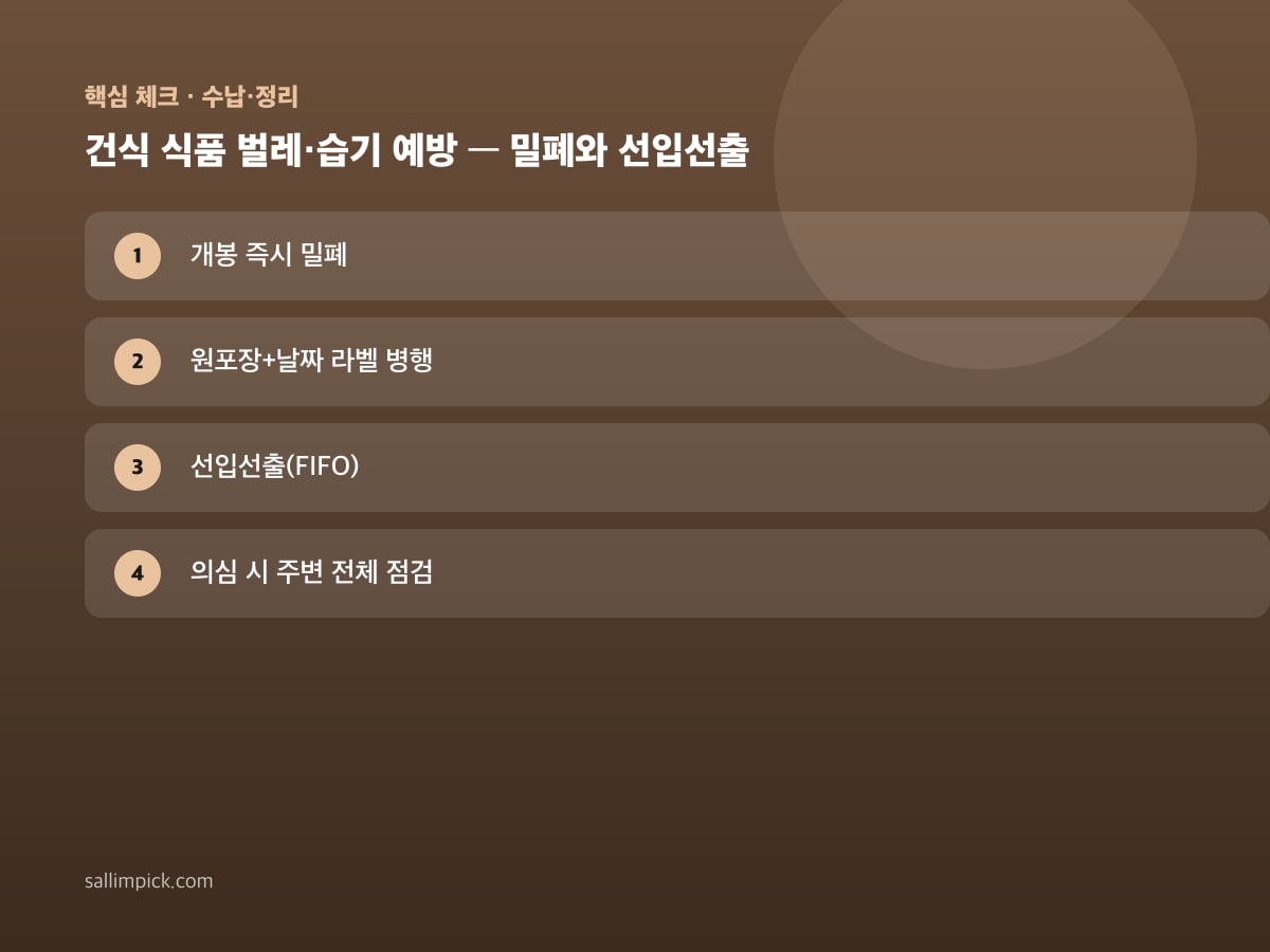 건식 식품 벌레·습기 예방 — 밀폐와 선입선출 — 가이드 이미지 1