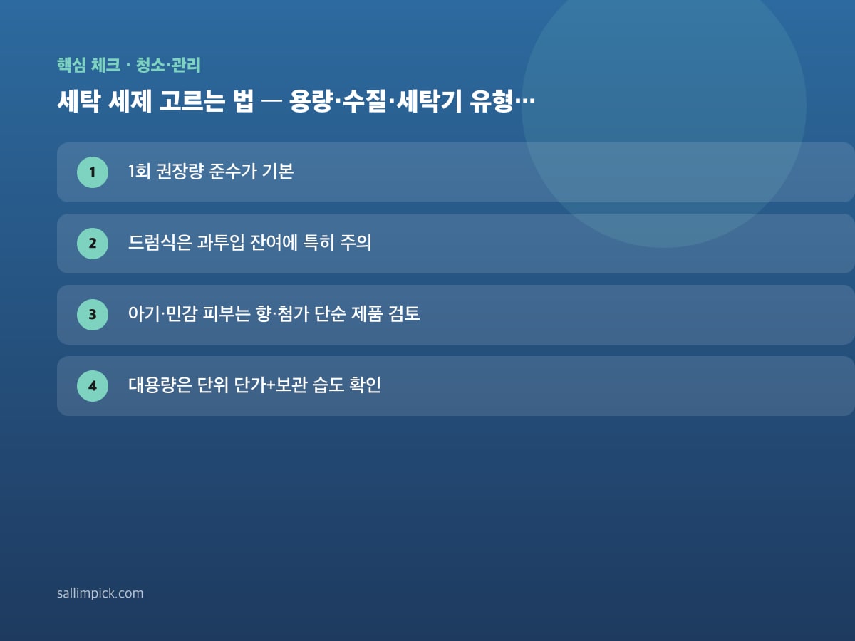 세탁 세제 고르는 법 — 용량·수질·세탁기 유형 기준 — 가이드 이미지 1