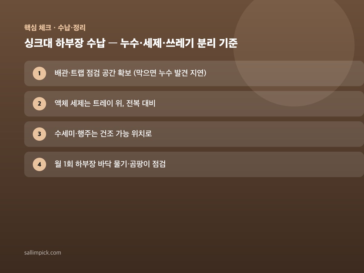 싱크대 하부장 수납 — 누수·세제·쓰레기 분리 기준 — 가이드 이미지 1